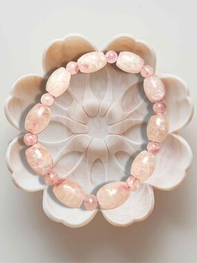 Quartz with Pink Tourmaline Bracelet Chunky Statement Soft Pink